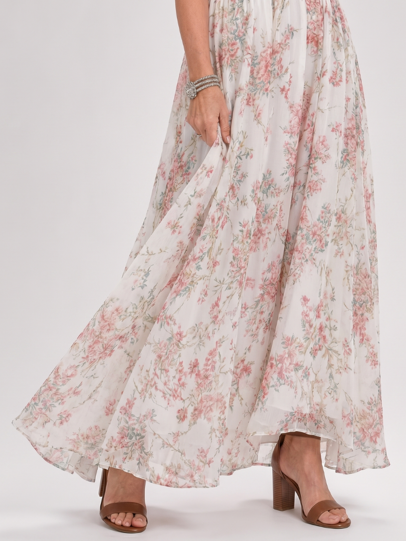 Elegant Ivory Floral Cocktail Dress for Women with Halter Neck Pleated Tie Waist Flowing Wedding Guest Style
