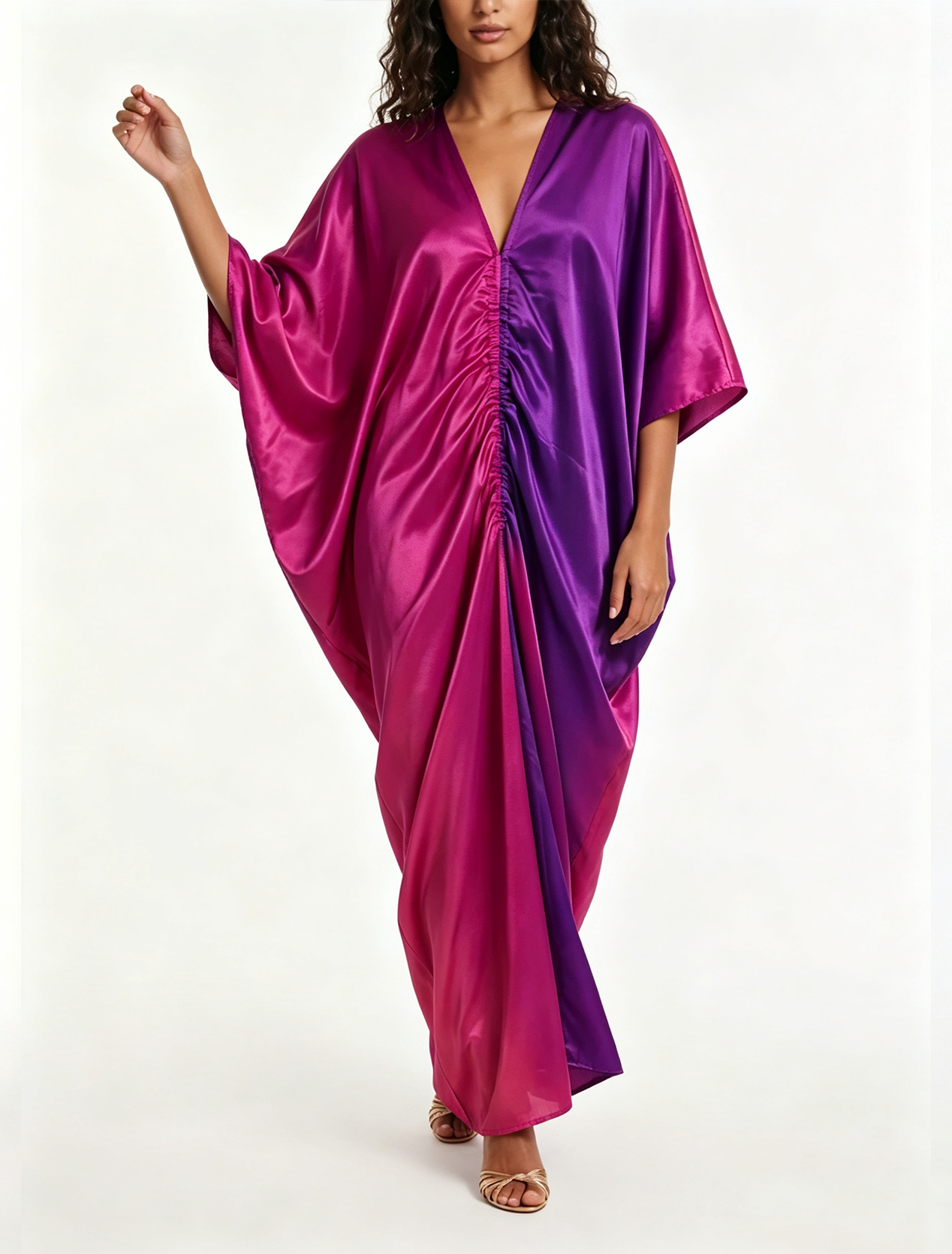 Elegant Purple Satin Kaftan Dress for Women with Batwing Sleeve Draped Silhouette