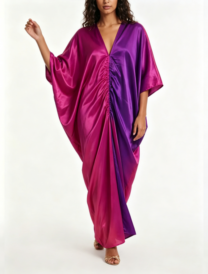 Elegant Purple Satin Kaftan Dress for Women with Batwing Sleeve Draped Silhouette