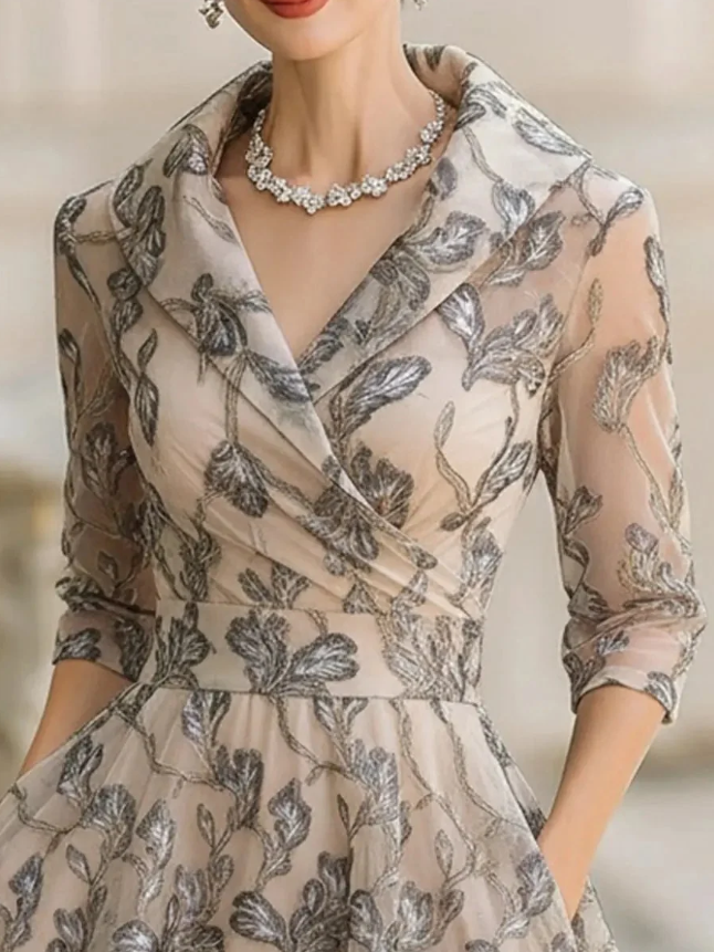 Elegant Beige Floral Lace Dress for Women with Collar Neck Elbow Sleeve Cinched Waist Midi Style