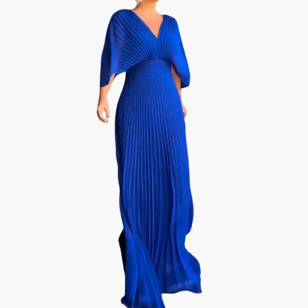 Elegant Pleated Fall Wedding Guest Dress for Women with V Neck Bell Sleeve Maxi Flowing Style