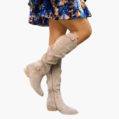 Chic Suede Knee High Boots for Women with Slouchy Shaft Side Zip Buckle Detail Casual Style