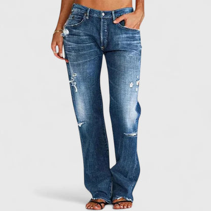 Effortless Blue Distressed Wide Leg Jeans for Women with High Waist Ripped Frayed Hem Casual Style