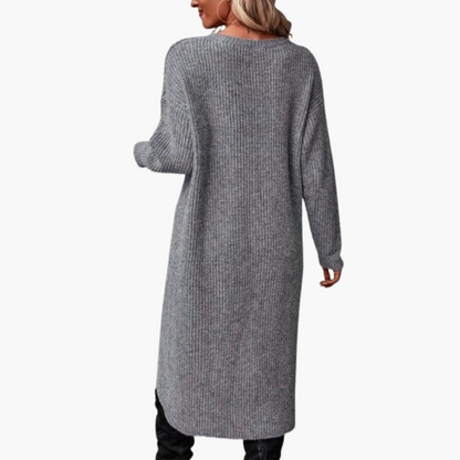 Cozy Grey Sweater Dress for Women with Crew Neck Long Sleeve Knit Wrap Front Tunic Style