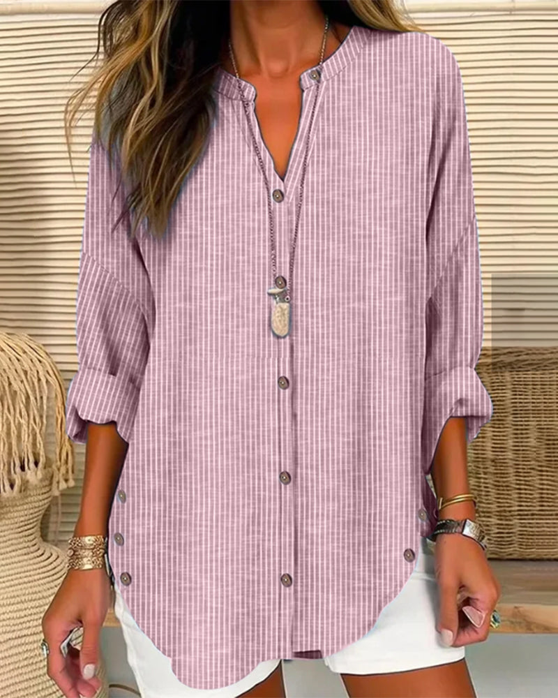 Effortless Striped Linen Shirt for Women with V Neck Long Sleeve Curved Hem Relaxed Style