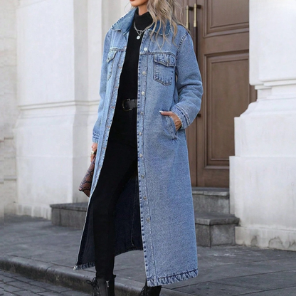 Effortless Denim Jacket for Women with Collar Long Sleeve Button Front Longline Relaxed Style