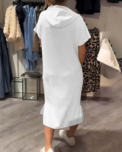Comfortable Orange Hoodie Midi Dress for Women with Drawstring Hood Short Sleeve Kangaroo Pocket Relaxed Style
