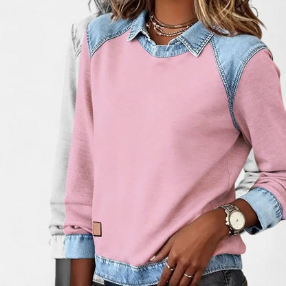 Effortless Denim Patchwork Sweatshirt for Women with Collared Raglan Long Sleeve Relaxed Casual Style