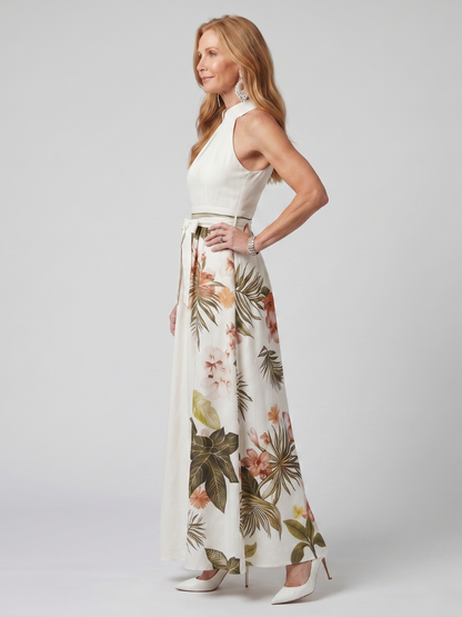 Elegant White Tropical Floral Maxi Dress for Women with Halter Neck Tie Waist Flowing Style