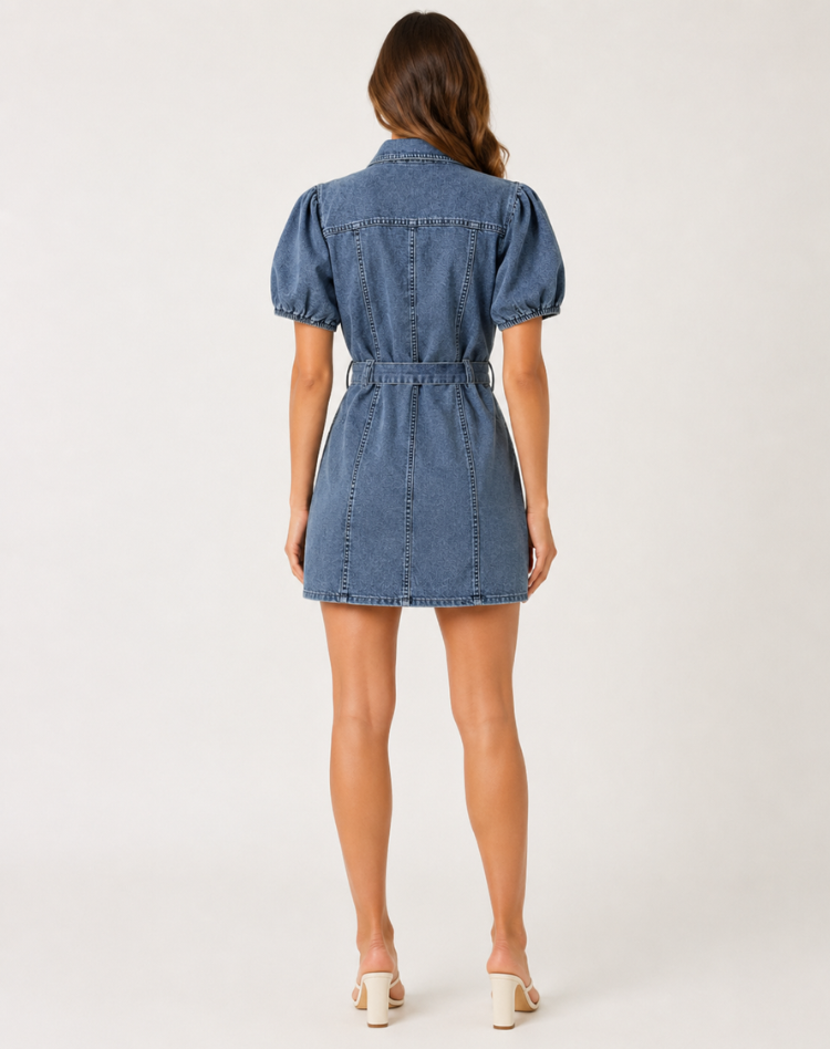Elegant Blue Denim Dress for Women with Collar Puff Sleeve Belted Mini Shirt Style