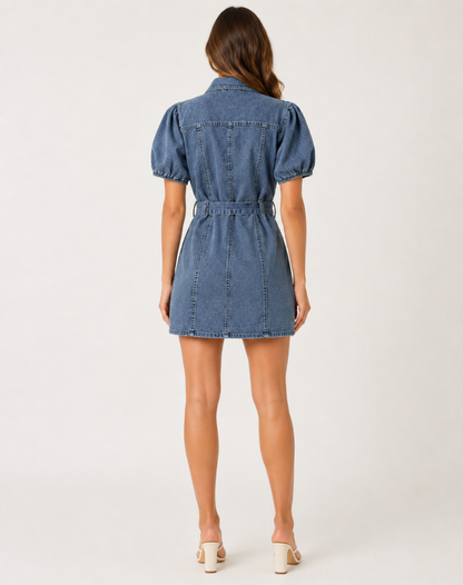 Elegant Blue Denim Dress for Women with Collar Puff Sleeve Belted Mini Shirt Style