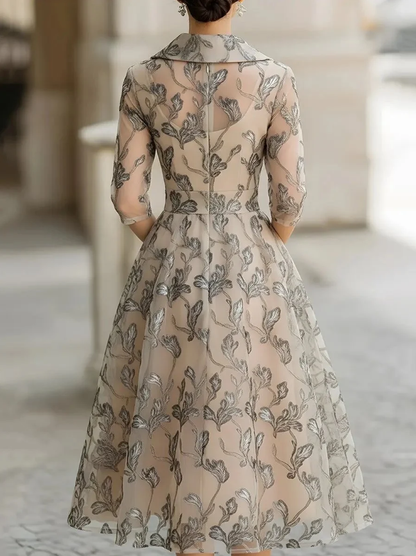 Elegant Beige Floral Lace Dress for Women with Collar Neck Elbow Sleeve Cinched Waist Midi Style