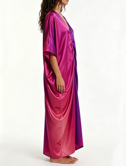 Elegant Purple Satin Kaftan Dress for Women with Batwing Sleeve Draped Silhouette