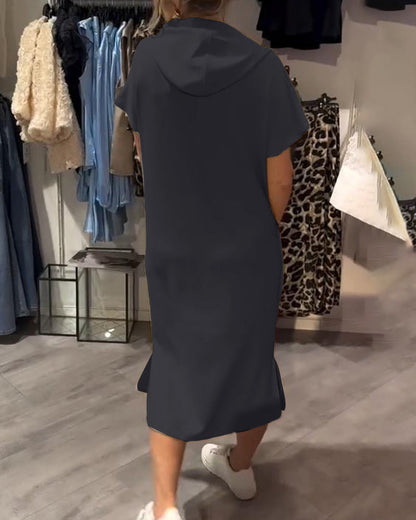 Comfortable Orange Hoodie Midi Dress for Women with Drawstring Hood Short Sleeve Kangaroo Pocket Relaxed Style