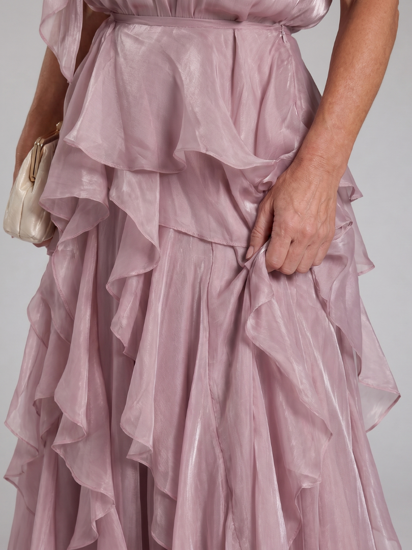 Elegant Maxi Dress for Women with Halter Neck Ruffle Tiered Skirt Satin Sleeveless Wedding Guest Style
