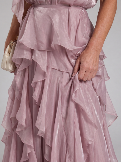 Elegant Maxi Dress for Women with Halter Neck Ruffle Tiered Skirt Satin Sleeveless Wedding Guest Style
