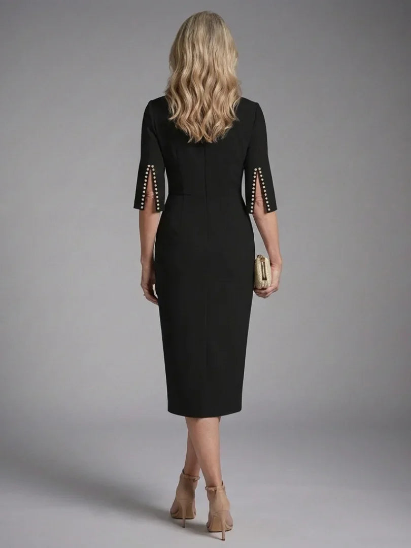 Elegant Midi Dress for Women with Bateau Neck Split Pearl Sleeve Fitted Formal Wedding Guest Style