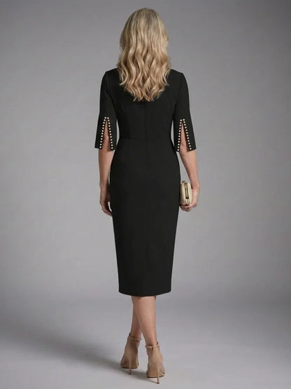 Elegant Midi Dress for Women with Bateau Neck Split Pearl Sleeve Fitted Formal Wedding Guest Style