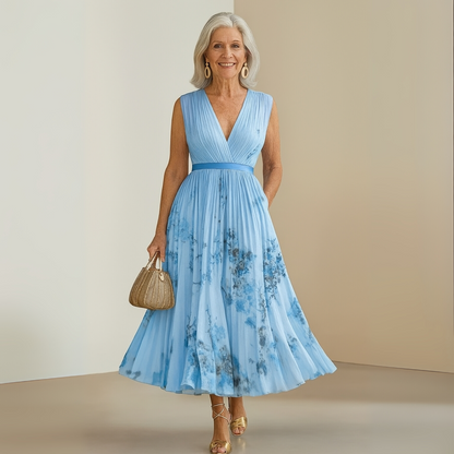 Elegant Floral Midi Dress for Women with V Neck Sleeveless Pleated Skirt Belted Waist Formal Style