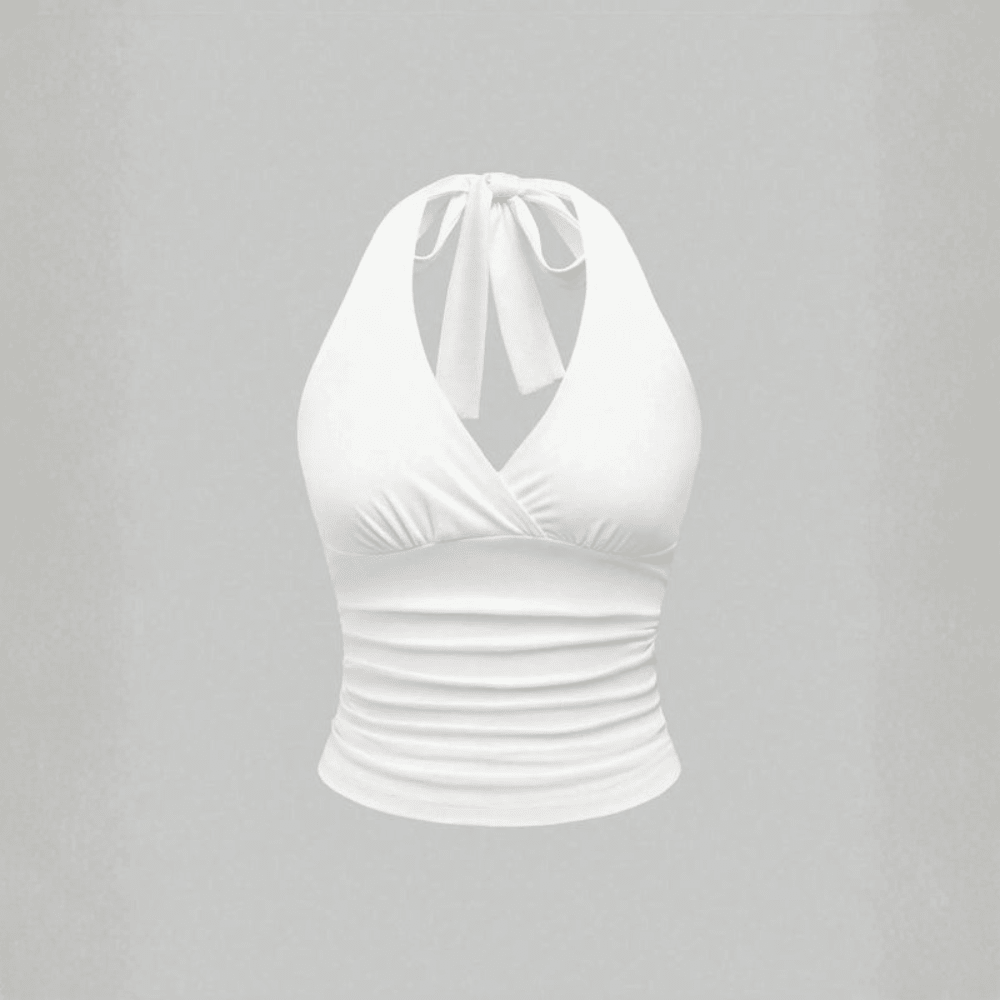 Effortless Ruched Halter Top for Women with V Neck Sleeveless Wrap Bodycon Style