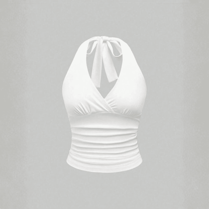 Effortless Ruched Halter Top for Women with V Neck Sleeveless Wrap Bodycon Style