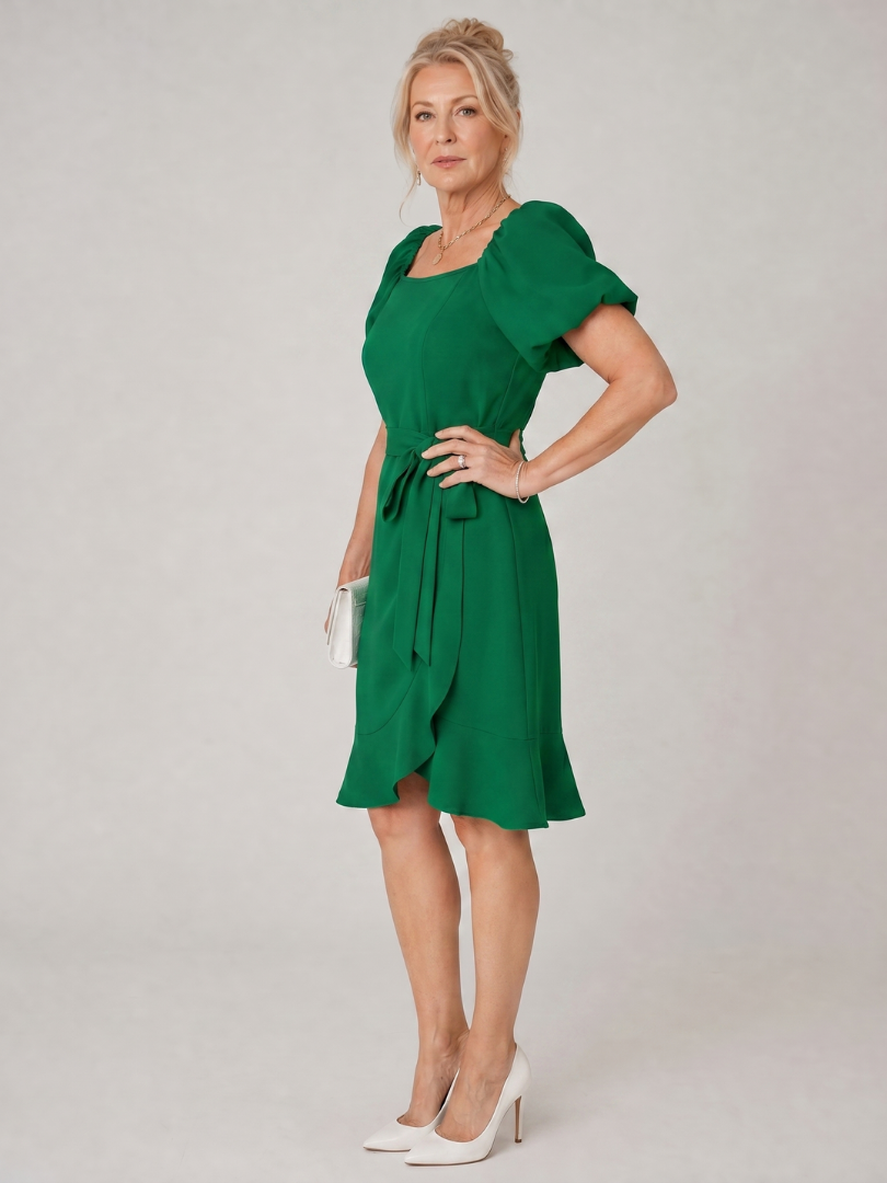 Elegant Green Mini Dress for Women with Square Neck Puff Sleeve Wrap Ruffle Hem Cocktail Style