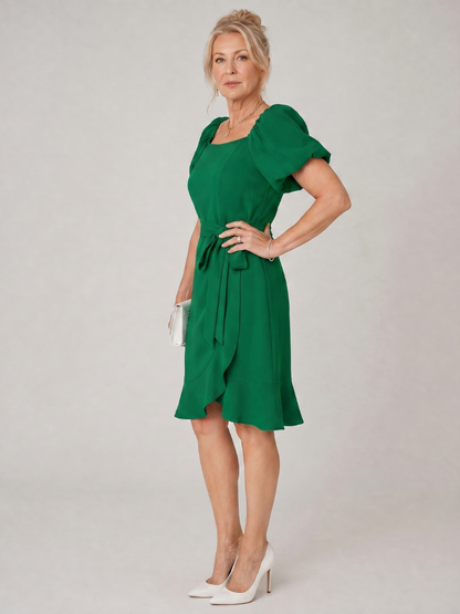 Elegant Green Mini Dress for Women with Square Neck Puff Sleeve Wrap Ruffle Hem Cocktail Style