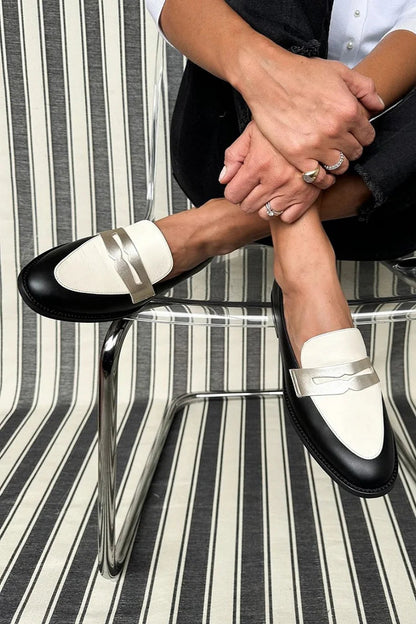 Cora | Stylish Black and White Penny Loafers for Women in Flat Style