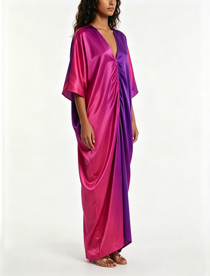Elegant Purple Satin Kaftan Dress for Women with Batwing Sleeve Draped Silhouette