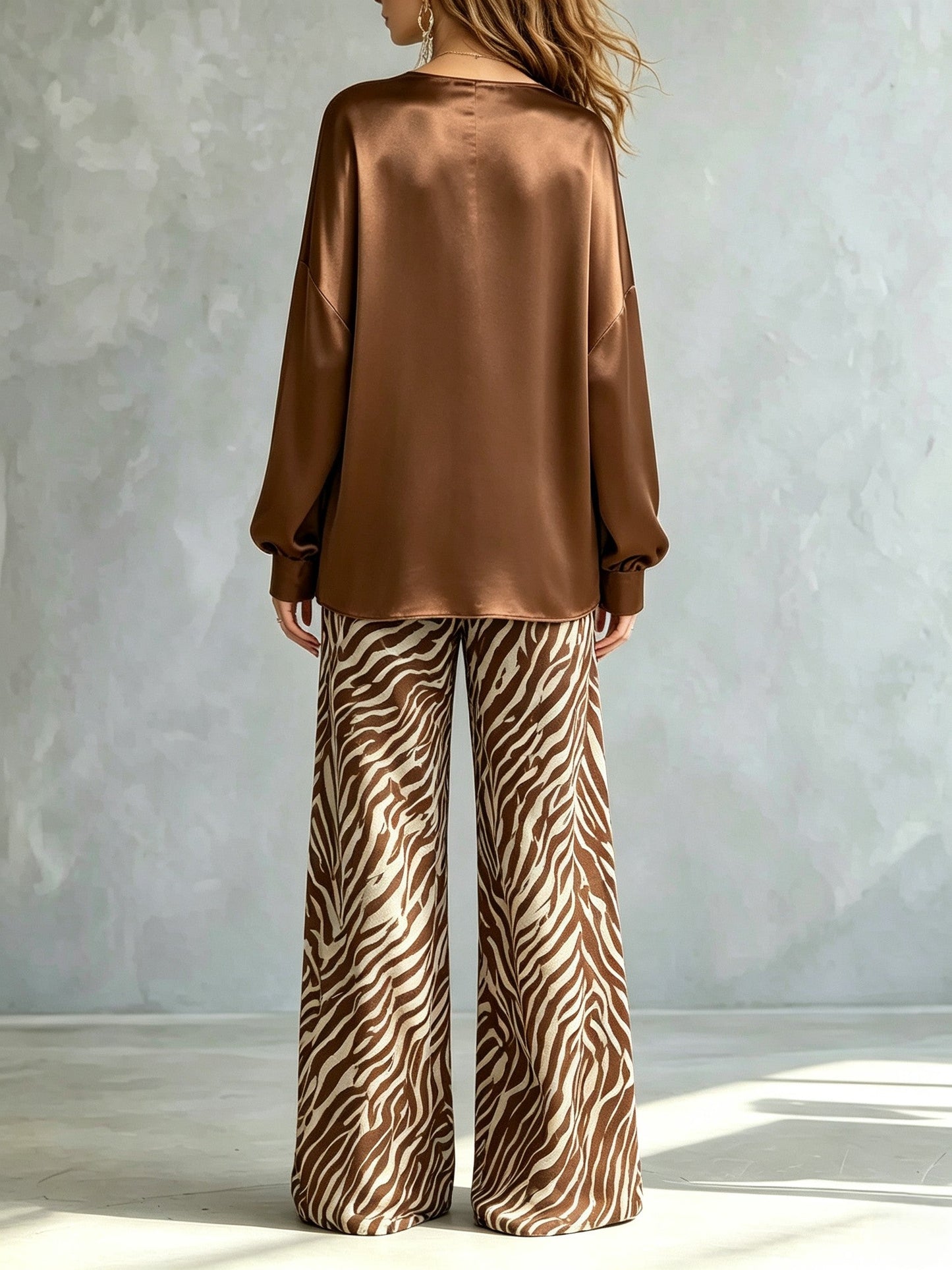 Stylish Brown Satin Two Piece Set for Women with V Neck Top Zebra Print Wide Leg Pants Statement Style