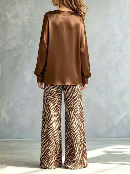 Stylish Brown Satin Two Piece Set for Women with V Neck Top Zebra Print Wide Leg Pants Statement Style