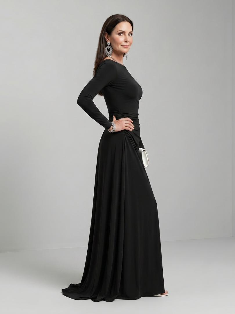 Elegant Black Long Sleeve Autumn Wedding Guest Dress for Women with Boat Neck Ruched Draped Column Style