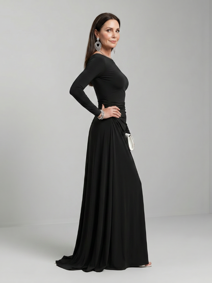 Elegant Black Long Sleeve Autumn Wedding Guest Dress for Women with Boat Neck Ruched Draped Column Style