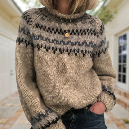 Comfortable Beige Fair Isle Sweater for Women with High Neck Long Sleeve Oversized Knit Style