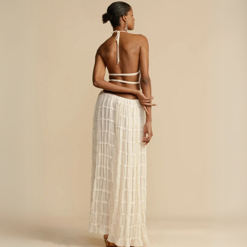 Effortless Textured Two Piece Set for Women with Halter Top Tiered Maxi Skirt Bohemian Style
