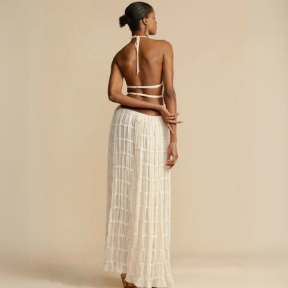 Effortless Textured Two Piece Set for Women with Halter Top Tiered Maxi Skirt Bohemian Style