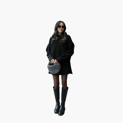Chic Black Knit Two Piece Set for Women with Crew Neck Sweater High Waist Mini Skirt Lounge Style