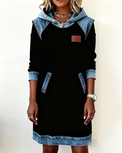 Effortless Colorblock Denim Dress for Women with Hooded Long Sleeve Raglan Pocket Casual Style