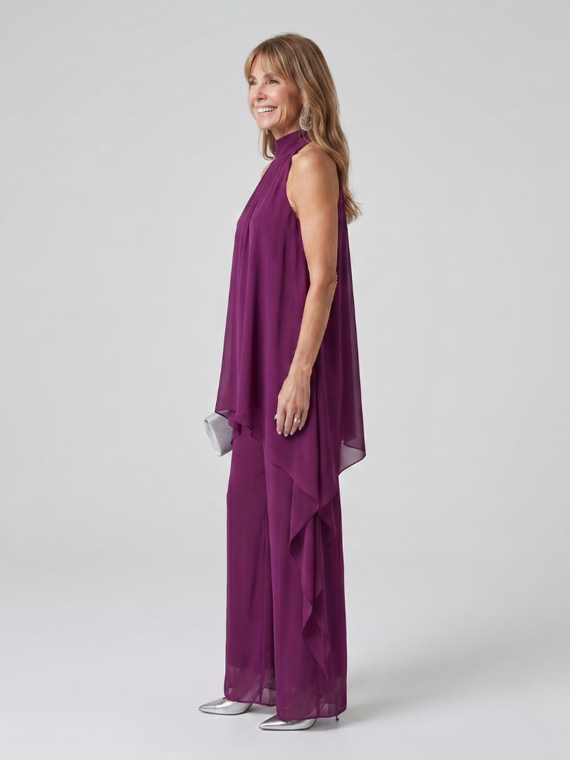 Elegant Purple Chiffon Two Piece Set for Women with Halter Top Draped Overlay Wide Leg Pant Formal Style