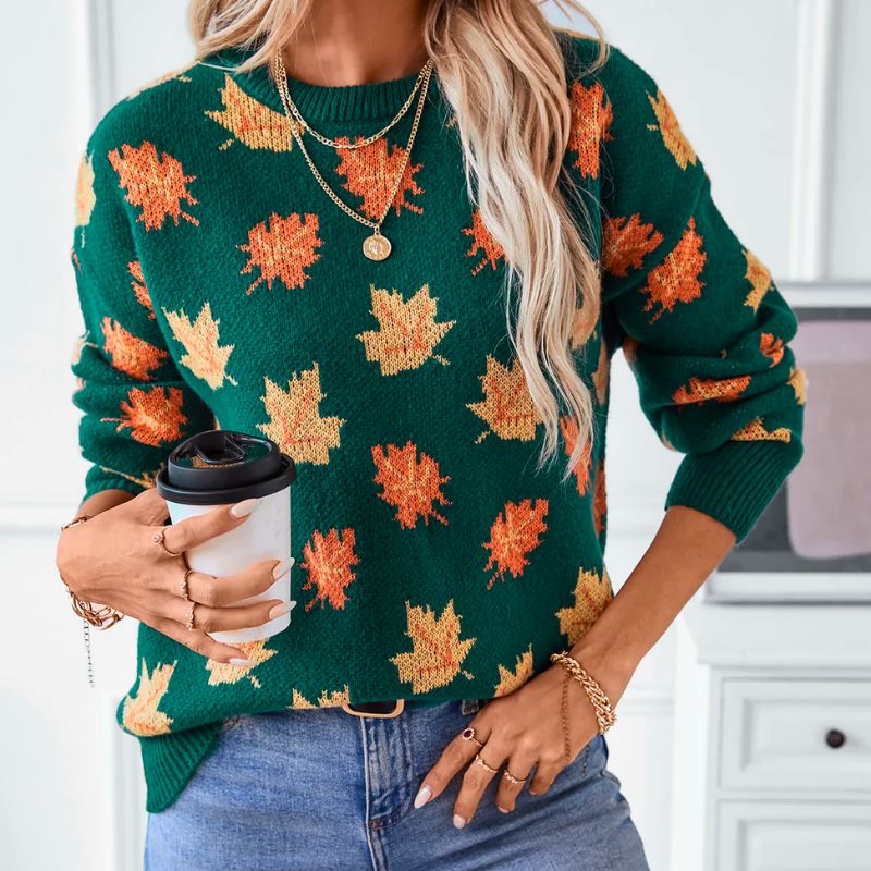 Comfortable Maple Leaf Print Sweater for Women with Crew Neck Long Sleeve Relaxed Oversized Knit Style