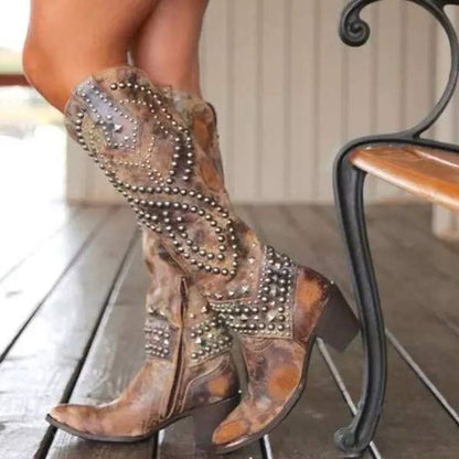 Stylish Cowgirl Boots for Women with Studded Embroidered Pointed Toe Chunky Heel Western Style