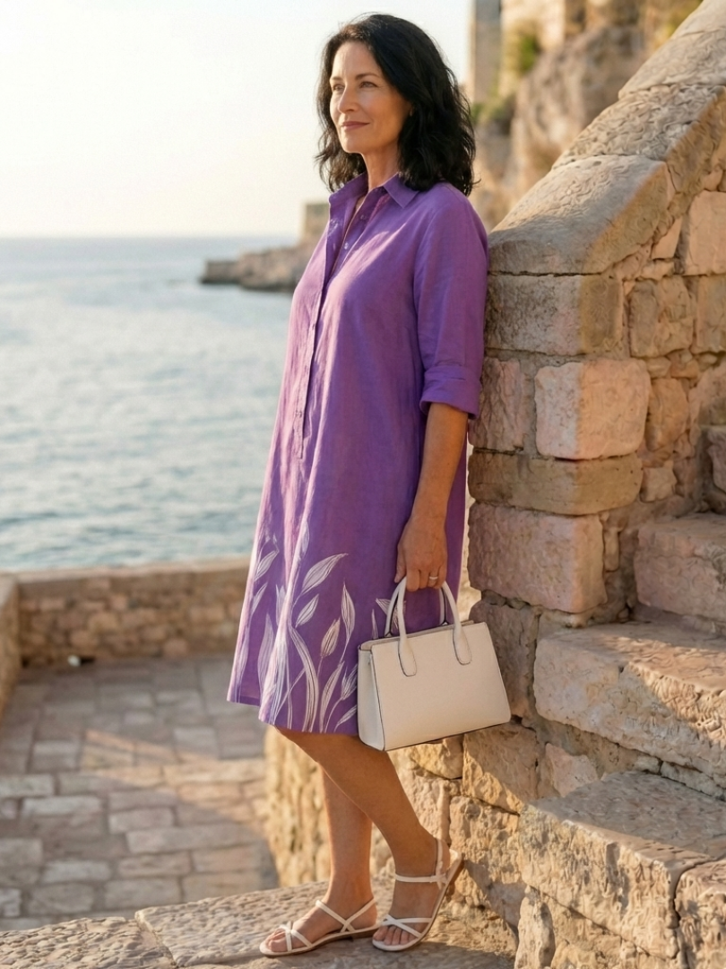Elegant Purple Dress for Women with Collar Long Sleeve Floral Print Button Front Midi Style