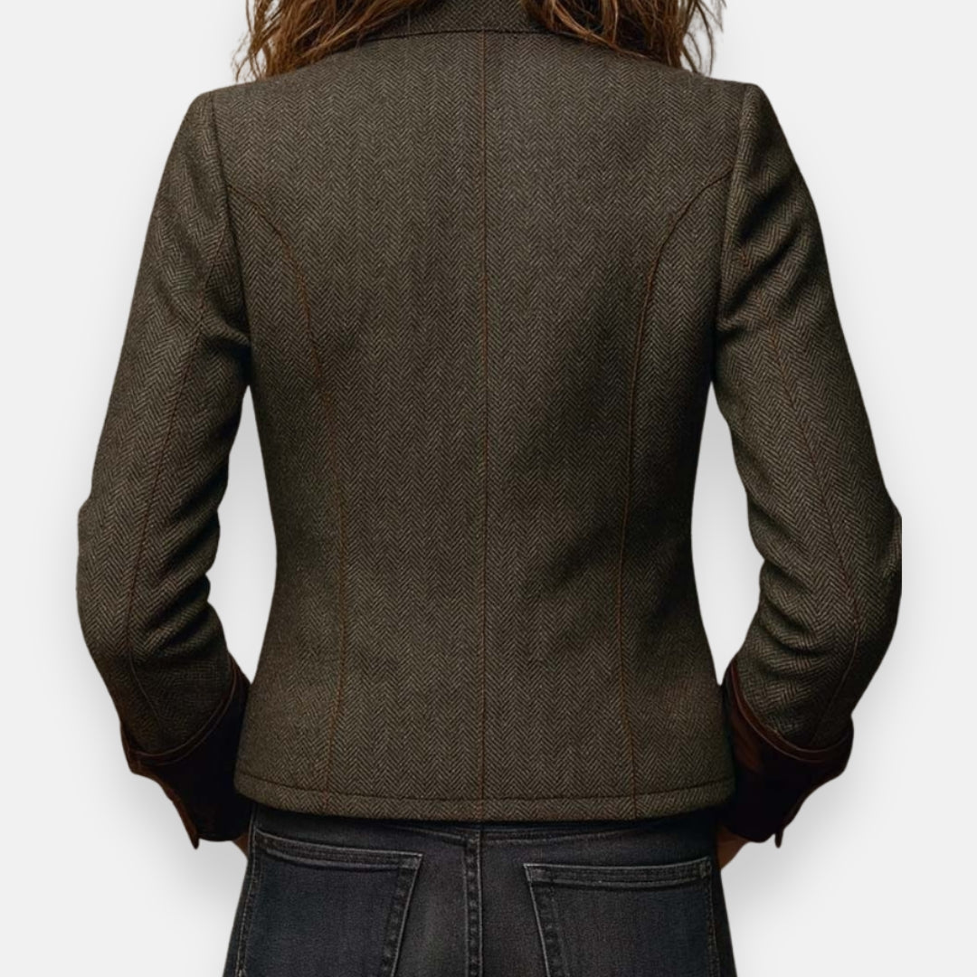 Elegant Olive Green Tweed Jacket for Women with Stand Collar Long Sleeve Suede Cuff Casual Style