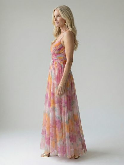 Elegant Floral Watercolor Purple Dress for Women with Sweetheart Neckline Spaghetti Strap Ruched Waist Flowing Wedding Guest Style