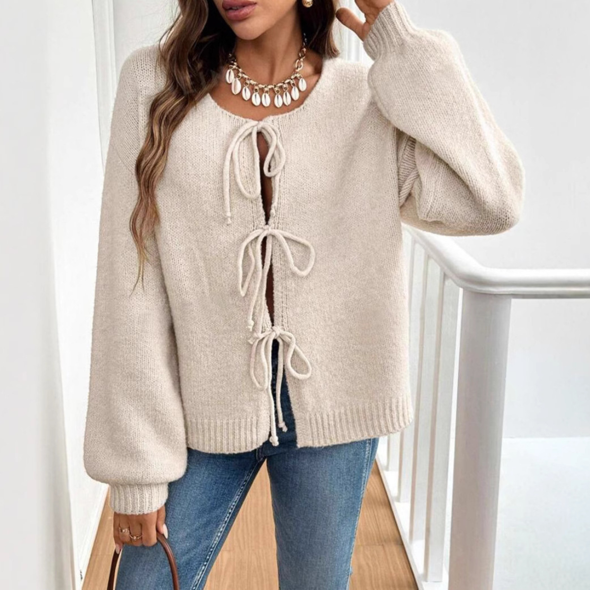 Cozy Knit Cardigan for Women with Round Neck Long Sleeve Tie Front Relaxed Style