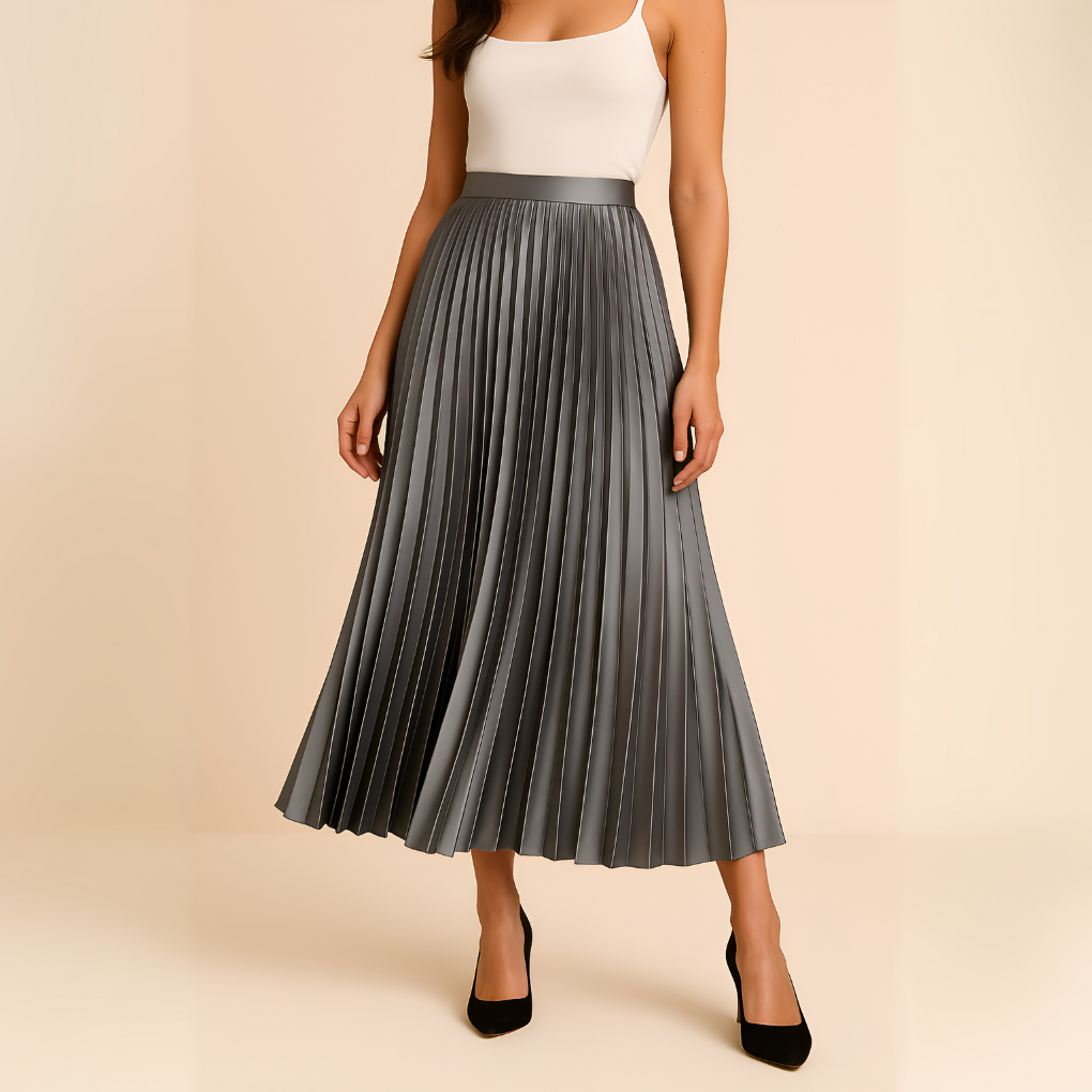 Elegant Pleated Faux Leather Maxi Skirt for Women with High Waist A Line Flowing Style