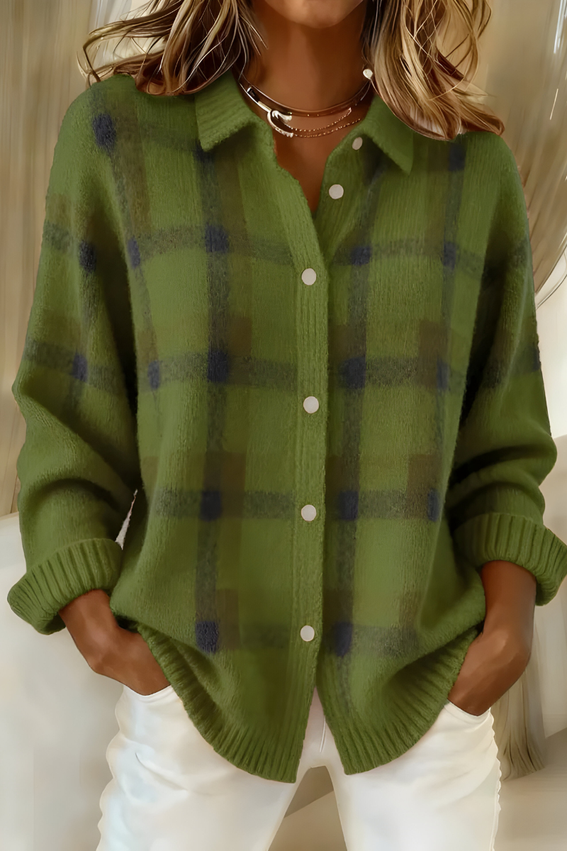 Comfortable Plaid Cardigan for Women with Collar Long Sleeve Button Front Oversized Knit Style
