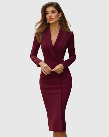 Elegant Blazer Midi Dress for Women with Long Sleeve Lapel Collar Button Front Cocktail Style