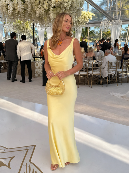 Elegant Yellow Dress for Women with Cowl Neck Sleeveless Satin Maxi Flowing Wedding Guest Style