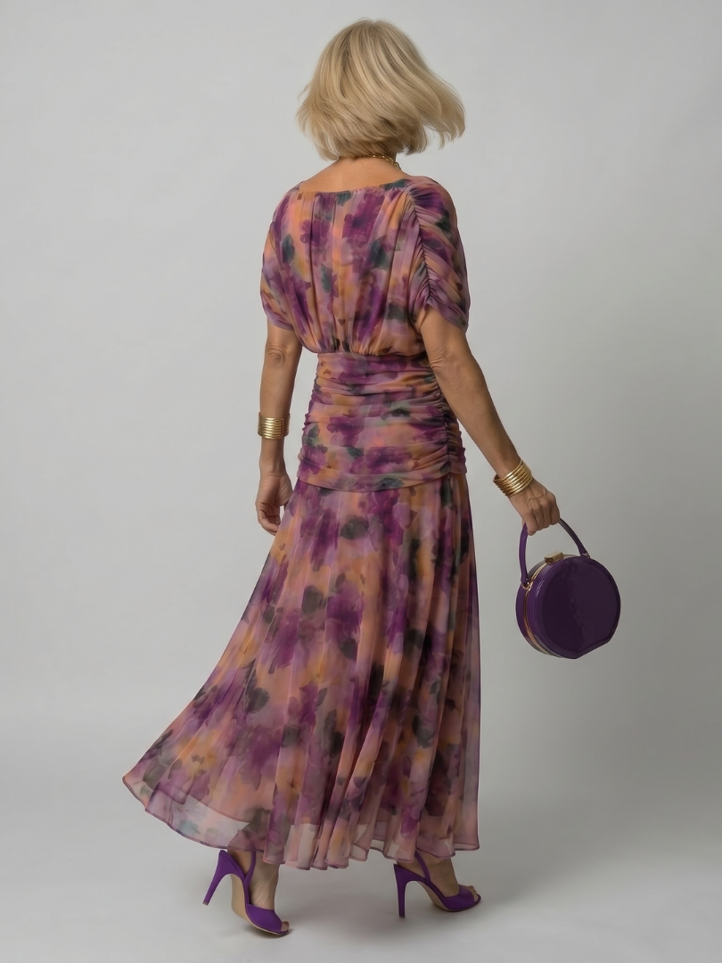 Elegant Purple Dress for Women with V Neck Flutter Sleeve Floral Ruched Maxi Wedding Guest Style